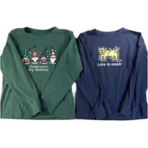Life Is Good Graphic Long Sleeve Tees (2) Youth XL Christmas Holiday Gnomies Dog